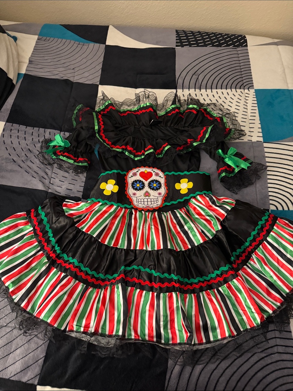 Women Leg Avenue Black Red Green Sugar Skull Fiesta Costume Dress